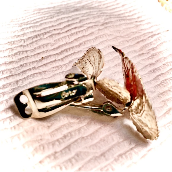 Vintage signed CORO rust orange green enamel leaf goldtone clip earrings new - Picture 12 of 17